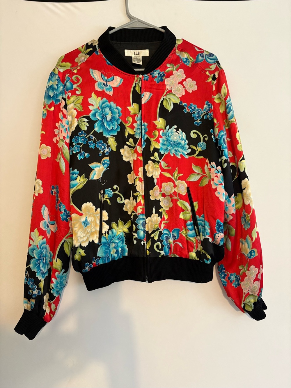 Silk Floral Bomber Jacket - Red, black, blue